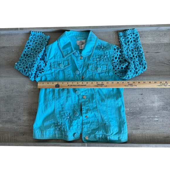 Just B Turquoise Eyelet Embroidered Jacket Size S | Floral Lace Sleeves & Beaded - Picture 9 of 10